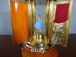 1960s Reuge Dancing Ballerina Music Box Carousel Holder Natural Onyx Stone Case