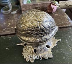 1970's Rare Walnut Shaped Reuge Trinket & Music Box With Leaf Base, Works
