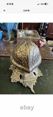 1970's Rare Walnut Shaped Reuge Trinket & Music Box With Leaf Base, Works