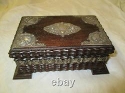 Antique Jacarda carved wood & silver Reuge Music Box with Key