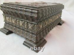 Antique Jacarda carved wood & silver Reuge Music Box with Key