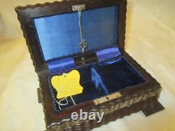 Antique Jacarda carved wood & silver Reuge Music Box with Key