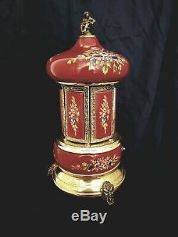 Antique Porcelain Reuge Carousel Cigarette Lipstick Dispenser Swiss Music Box