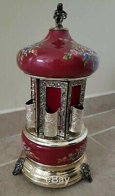 Antique Porcelain Reuge Carousel Cigarette Lipstick Dispenser Swiss Music Box