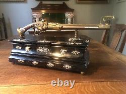 Antique Reuge 72 Note Music Box Silver Flintlock Champleve Pistol Thermometer