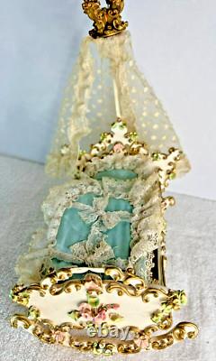 Antique Reuge Music Box Swing Crib Baby Bed WITH CANOPY NO DOLL Works, READ