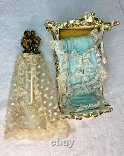 Antique Reuge Music Box Swing Crib Baby Bed WITH CANOPY NO DOLL Works, READ