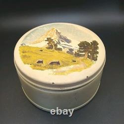 Antique Reuge Sainte-Croix Metal Switzerland Round Music Box Tin Zermatt Scene