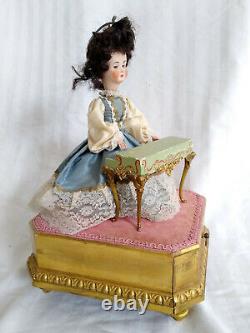 Antique Vintage Reuge Swiss Animated Bisque Doll Woman Piano Musical Jewelry Box