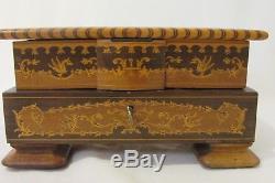Antique Vtg REUGE Inlaid Wood Music Jewelry Box with Key Plays Isle Of Capri