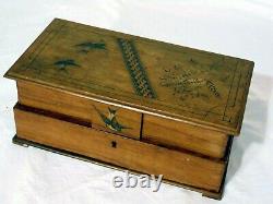 Antique Wooden Swiss Musical Jewelry Box Inlaid Birds Reuge O Sole Mio