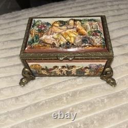 Antq Capodimonte Reuge Music Trinket Jewelry Box Porcln w Gold Metal Frame