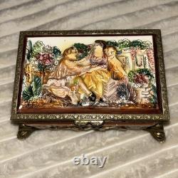 Antq Capodimonte Reuge Music Trinket Jewelry Box Porcln w Gold Metal Frame