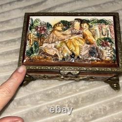 Antq Capodimonte Reuge Music Trinket Jewelry Box Porcln w Gold Metal Frame