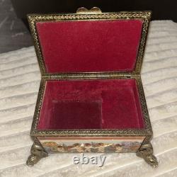 Antq Capodimonte Reuge Music Trinket Jewelry Box Porcln w Gold Metal Frame