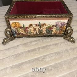 Antq Capodimonte Reuge Music Trinket Jewelry Box Porcln w Gold Metal Frame
