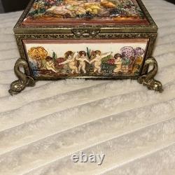 Antq Capodimonte Reuge Music Trinket Jewelry Box Porcln w Gold Metal Frame