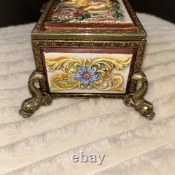 Antq Capodimonte Reuge Music Trinket Jewelry Box Porcln w Gold Metal Frame