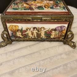 Antq Capodimonte Reuge Music Trinket Jewelry Box Porcln w Gold Metal Frame