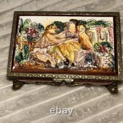 Antq Capodimonte Reuge Music Trinket Jewelry Box Porcln w Gold Metal Frame