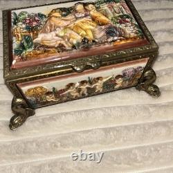 Antq Capodimonte Reuge Music Trinket Jewelry Box Porcln w Gold Metal Frame