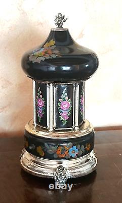 Carousel music box, 60s, Reuge cigarettes, lipstick, hand-decorated, black