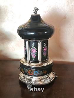 Carousel music box, 60s, Reuge cigarettes, lipstick, hand-decorated, black