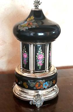 Carousel music box, 60s, Reuge cigarettes, lipstick, hand-decorated, black