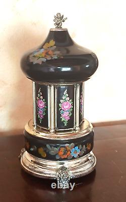 Carousel music box, 60s, Reuge cigarettes, lipstick, hand-decorated, black