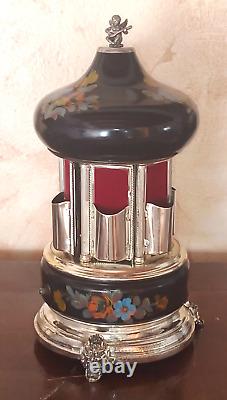 Carousel music box, 60s, Reuge cigarettes, lipstick, hand-decorated, black