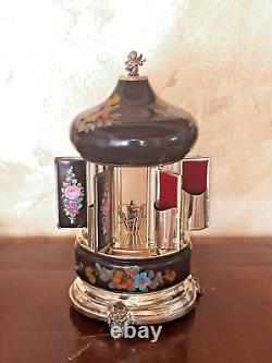 Carousel music box, 60s, Reuge cigarettes, lipstick, hand-decorated, black