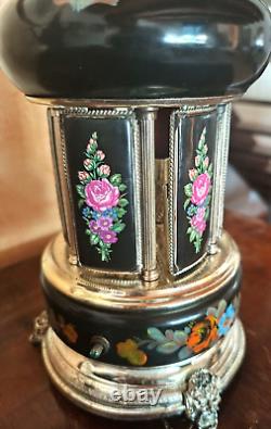 Carousel music box, 60s, Reuge cigarettes, lipstick, hand-decorated, black