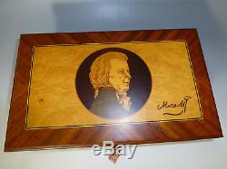 EXC Vintage Reuge Music Box 72 / 3 Mozart Edition Wooden Inlaid Mozart Portrait