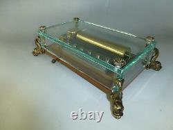 Exc Vintage Swiss Reuge 72 Music Box, Crystal Clear Glass Case With Dolphin Legs