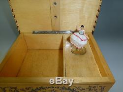Exc Vintage Swiss Reuge Dancing Ballerina Music Jewelry Box Nice Marquetry Inlay