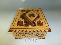 Exc Vintage Swiss Reuge Dancing Ballerina Music Jewelry Box Nice Marquetry Inlay