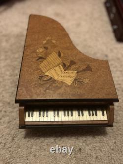 Italian Reuge Jewelry Music Box Grand Piano Swiss Made Musical Wood Inlay Vtg