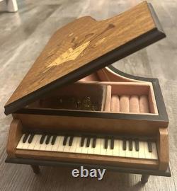 Italian Reuge Jewelry Music Box Grand Piano Swiss Made Musical Wood Inlay Vtg
