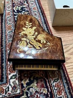 Italy Marquetry Inlaid Burl Piano Reuge Music Box Fur Elise Violin & Flowers 8