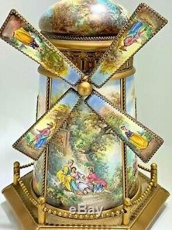 Large Viennese Austrian Enamel Windmill Musical Jewelry Box Reuge Swiss Movement