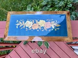 Large Vintage Italian Burl Wood Music Box, marquetry floral