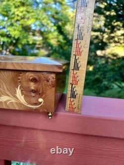 Large Vintage Italian Burl Wood Music Box, marquetry floral