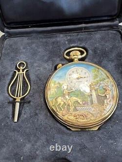 MINT REUGE Animated? Music Box Pocket Watch, Swiss, 17j, RARE