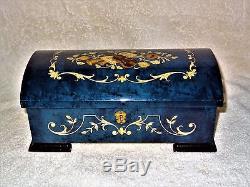 RARE Beautiful Chest Sorrento Inlaid Burl Wood Blue Jewelry Reuge Music Box