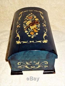 RARE Beautiful Chest Sorrento Inlaid Burl Wood Blue Jewelry Reuge Music Box