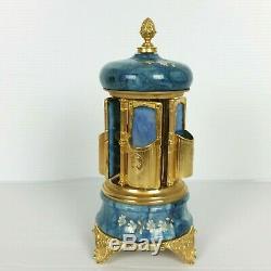 REUGE Carousel Music Box Cigarette Lipstick Holder Blue Gold Floral OUTSTANDING
