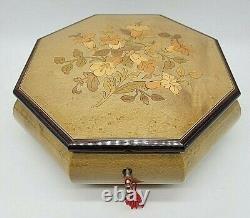 REUGE ITALY OCTAGON FLORAL WOOD INLAY JEWELRY / MUSIC BOX with KEY MY WAY