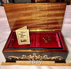 REUGE JEWELRY MUSIC BOX MADE IN ITALY Inlaid Burl Wood Rare Tray & Key