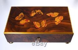 REUGE MUSIC BOX 4/50 NOTE BURL WOOD INLAY withBUTTERFLIES GORGEOUS