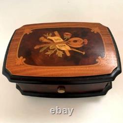 REUGE Music Box, Solid Walnut Wood Inlaid Box, Antique Figurine